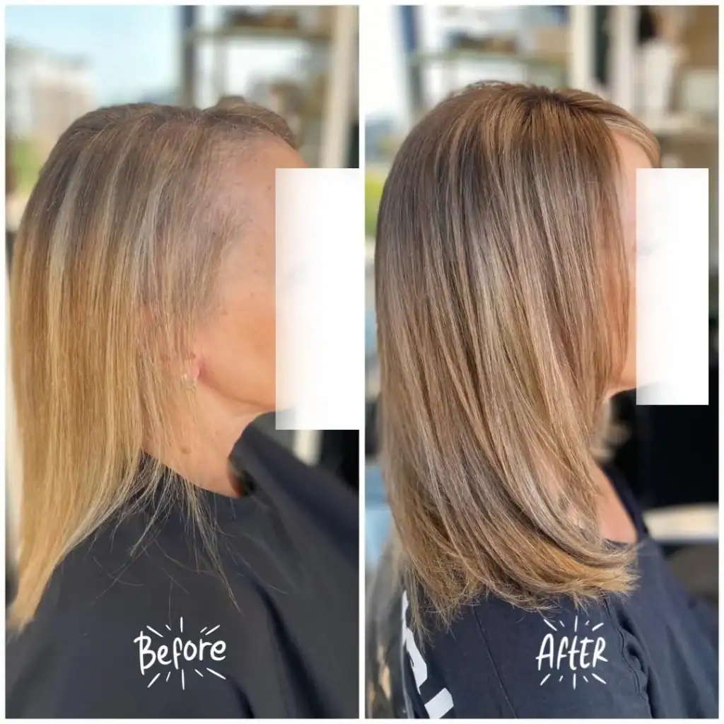 Before and after hair transformation with wigs at Wigs by Opulence, Minnesota.