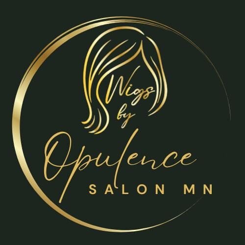 Elegant logo of Wigs by Opulence salon MN with gold accents and hair illustration.
