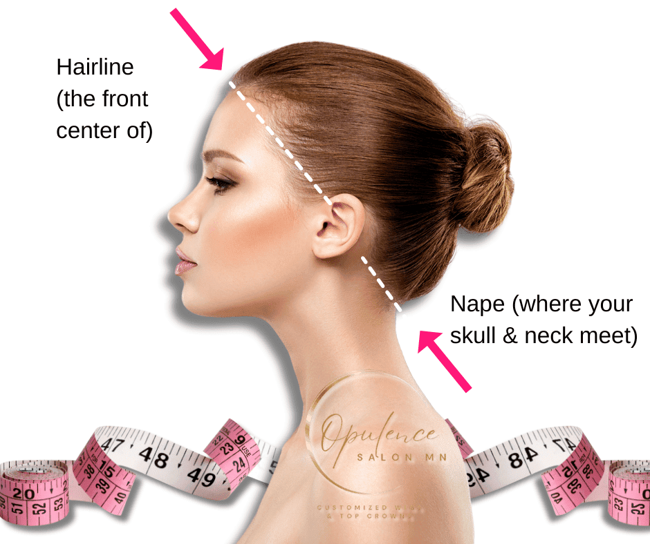 Side profile of woman with wig, showing hairline and nape for size fitting.