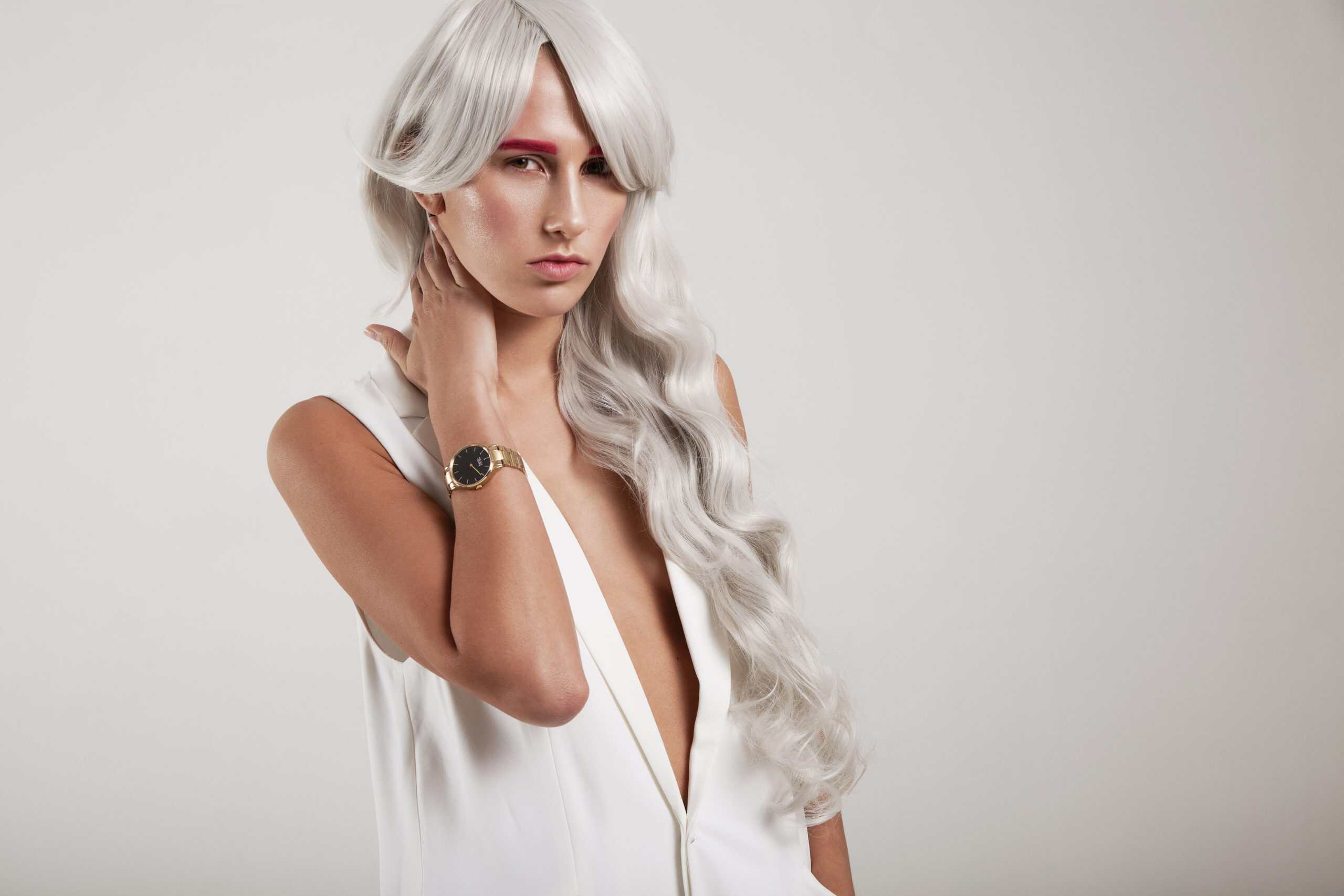 Elegant woman with long silver wig in Minnesota salon.