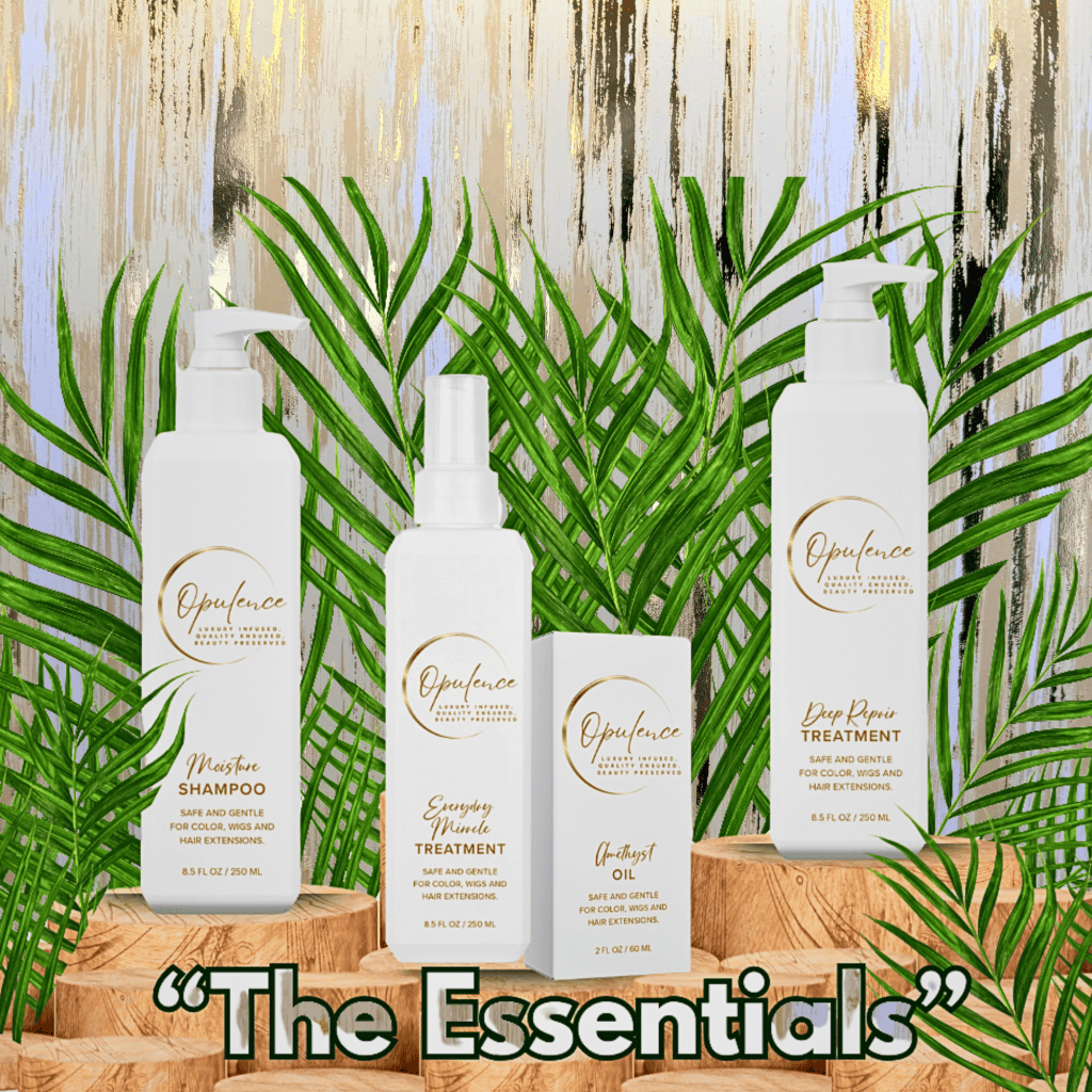 Hair care products from Wigs by Opulence salon MN with natural background.