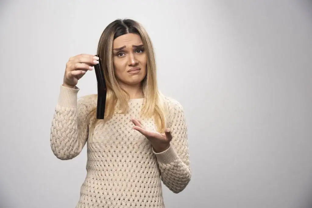 Worried woman holding a wig hair extension, Minnesota hair care concerns.