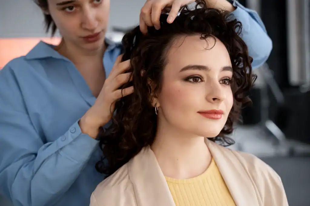 Woman getting a wig styled at Wigs by Opulence in Minnesota.