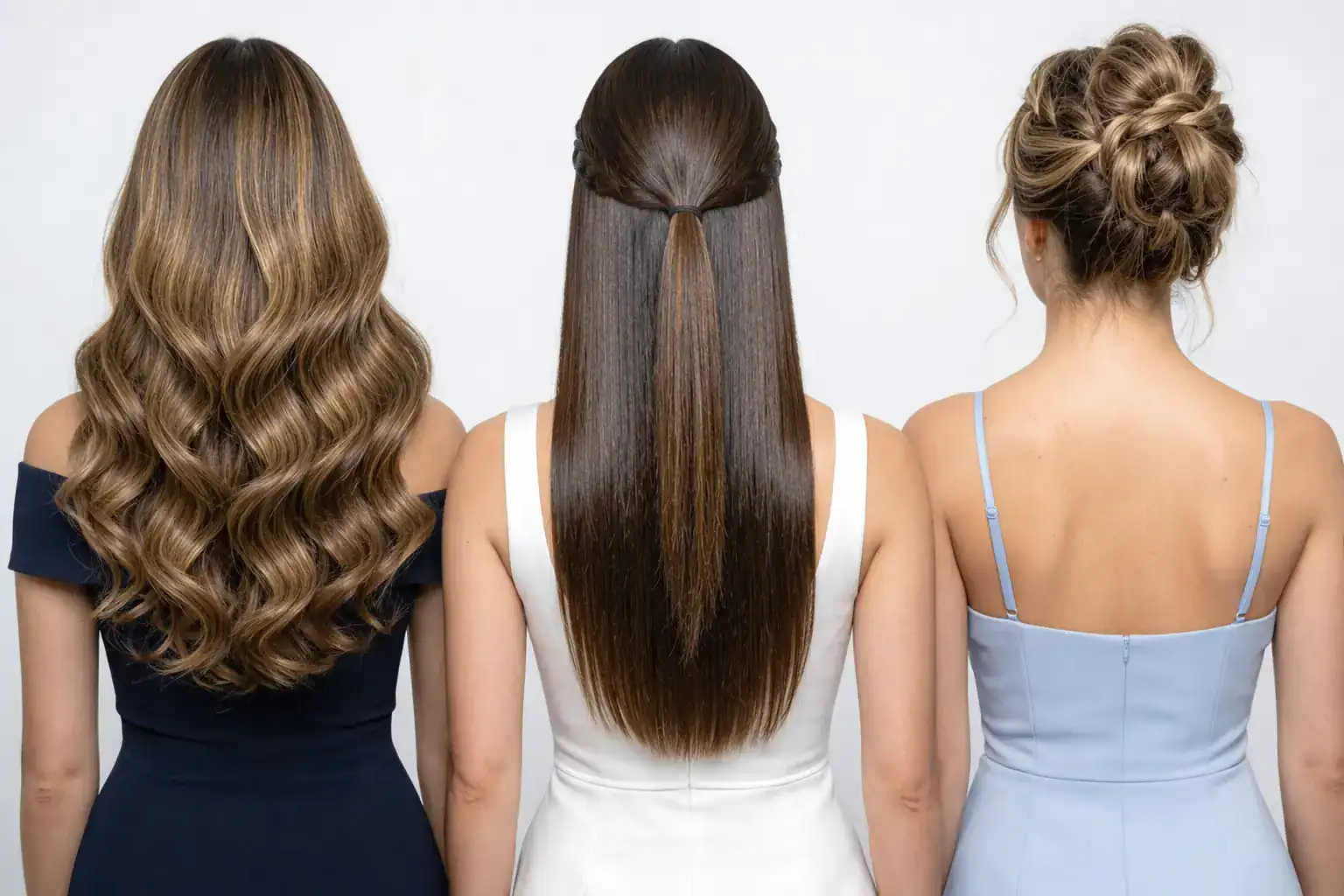 Three women with different hairstyles showcasing wigs and hair styling in Minnesota.