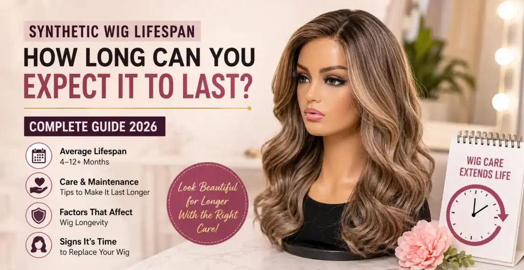 Beautiful woman with long, wavy synthetic wig in Minnesota salon setting.