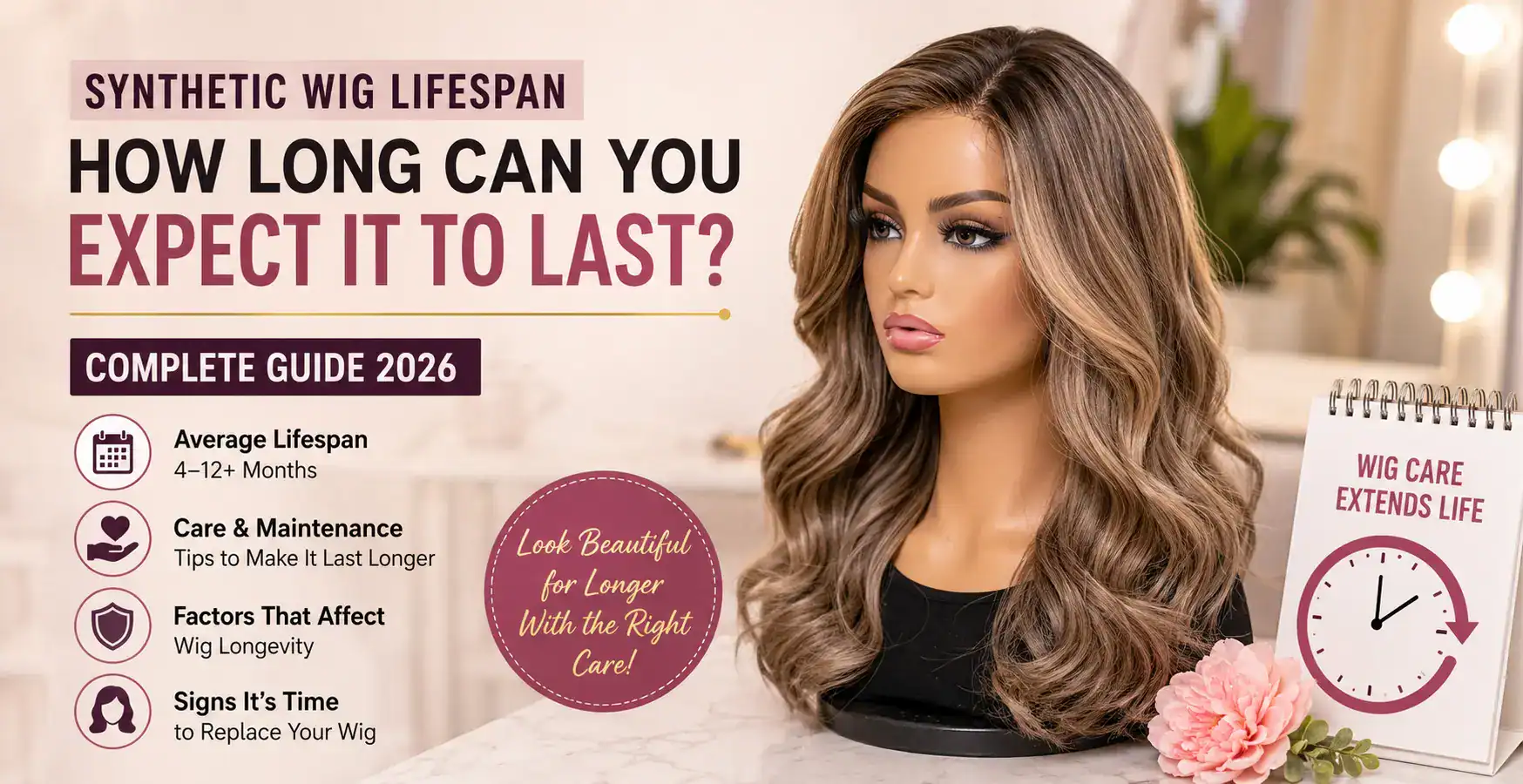 Beautiful woman with long, wavy synthetic wig in Minnesota salon setting.