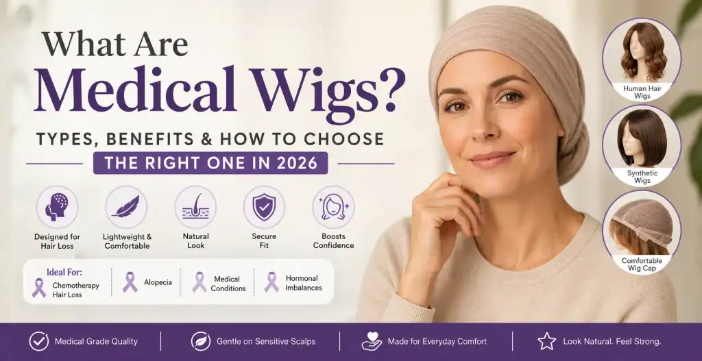 Woman wearing a medical wig in Minnesota for hair loss solutions.