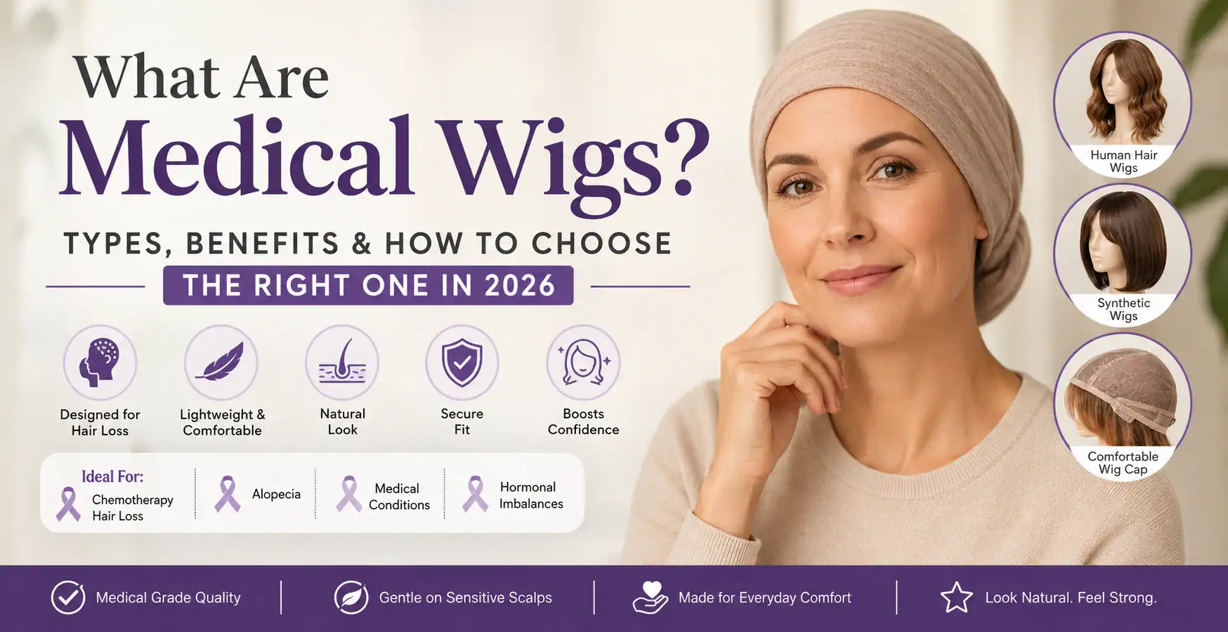 Woman wearing a medical wig in Minnesota for hair loss solutions.