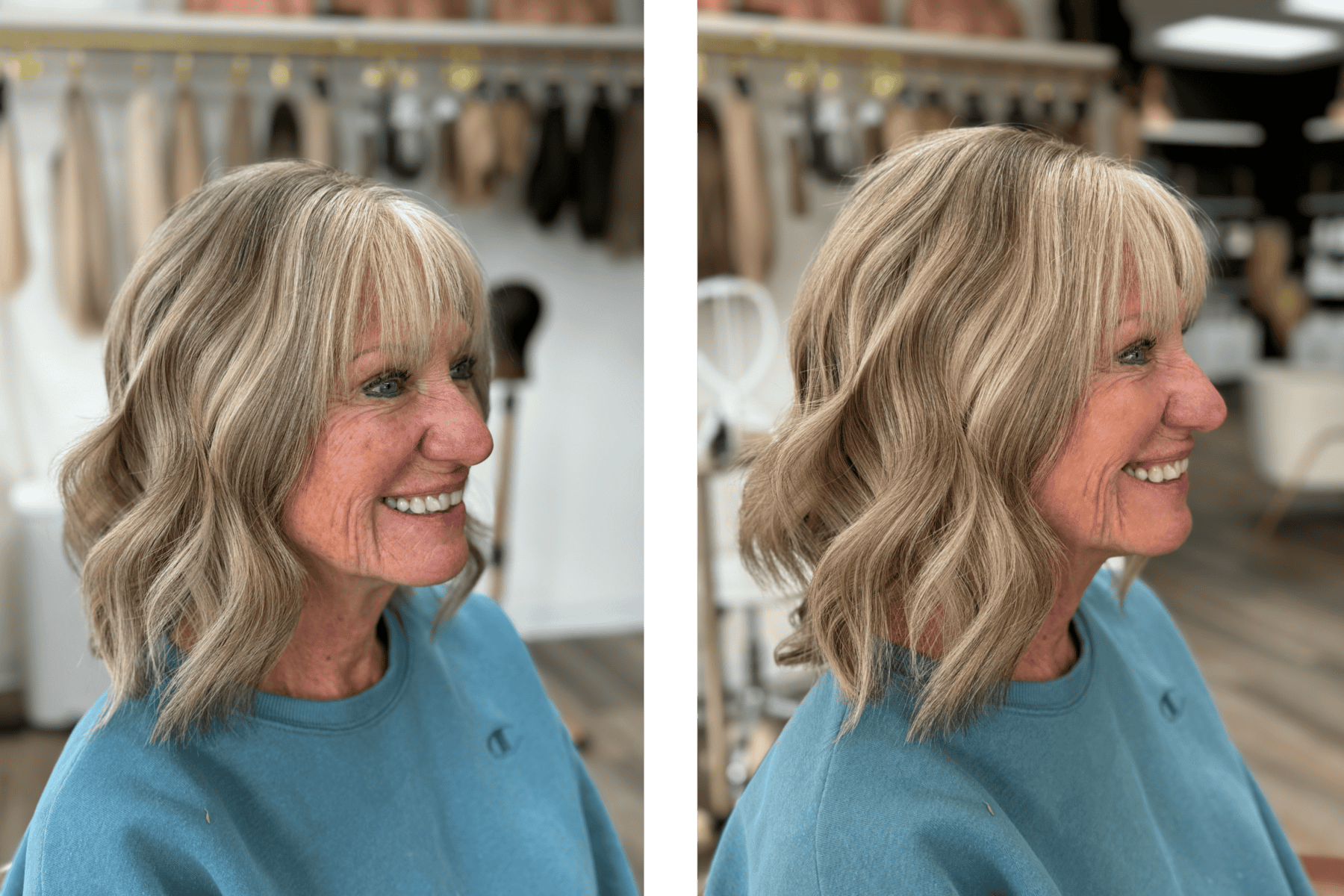 Beautiful woman with new blonde wig at Wigs by Opulence in Minnesota.