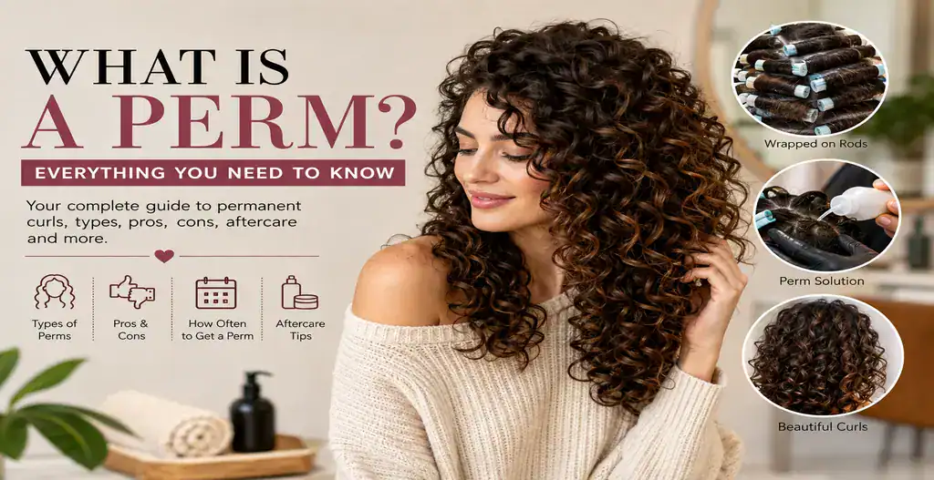 Woman with curly perm hairstyle at Wigs by Opulence salon in Minnesota.